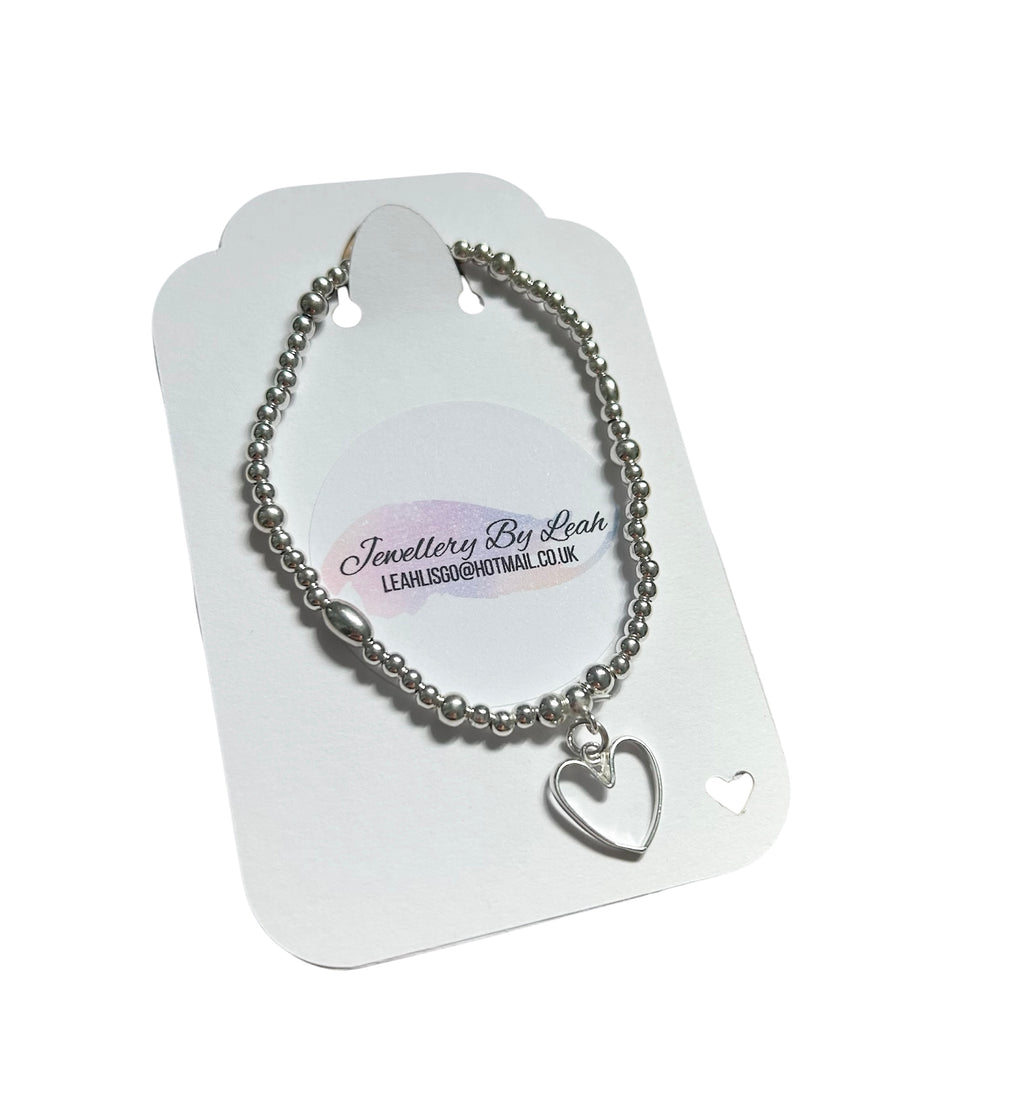 Handmade .925 Sterling Silver Beaded Bracelet With Open Heart Charm