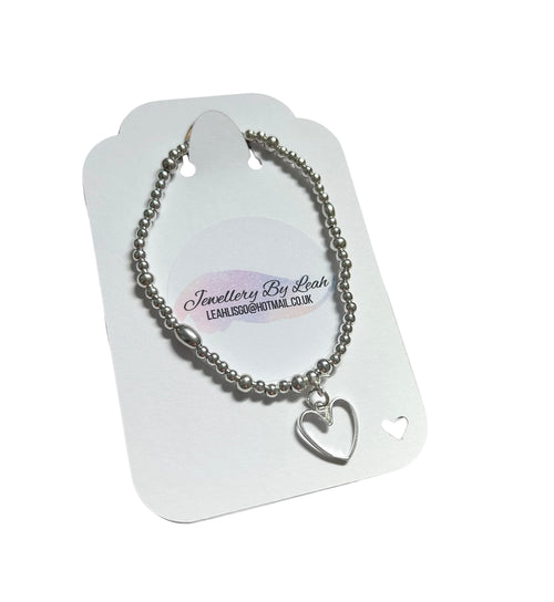 Handmade .925 Sterling Silver Beaded Bracelet With Open Heart Charm