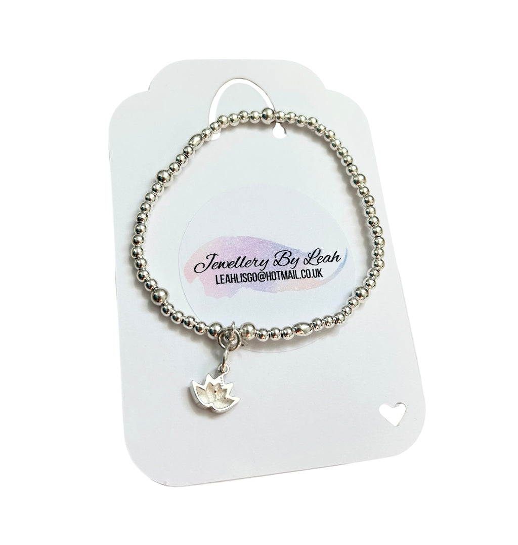 Handmade 925 Sterling Silver Beaded Bracelet, Lotus Flower Charm, Spiritual Gift